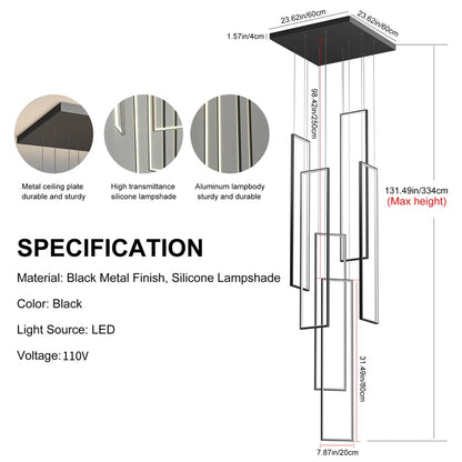 Keysha 6 - Light Unique Rectangle LED Dimmable Pendant Long Staircase Chandelier