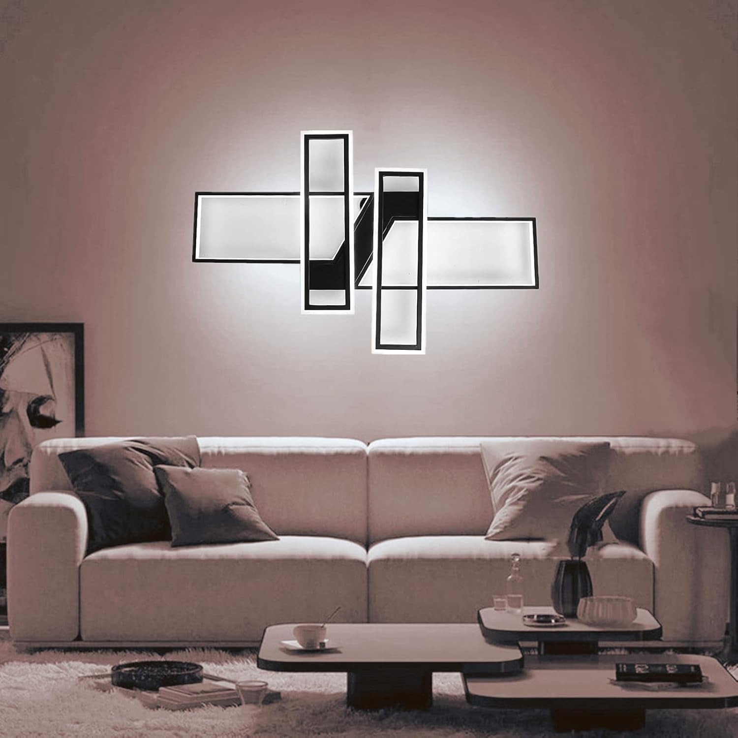 Modern LED Ceiling Lights Fixture, Black Dimmable Chandelier, Rectangular, with Remote Control Diningroom Lamp, Flush Mount Geometric LED Ceiling Lamps for Bedroom Living Room (35.4In)