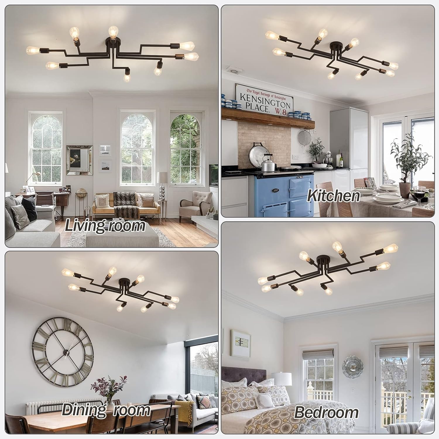 black 8-Light Ceiling Light, Modern Semi Flush Mount Ceiling Light Fixture,Metal Chandelier for Farmhouse Dining Room Living Room Bedroom Kitchen.