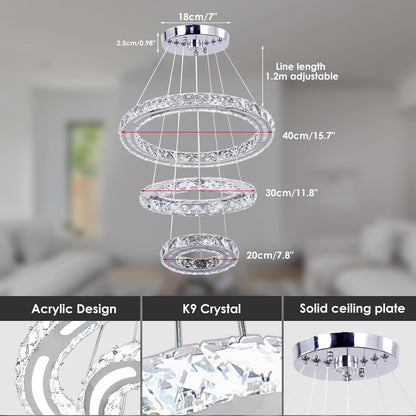 LED Chandeliers Modern Ceiling Light Fixture 3 Rings Adjustable Crystal Chandelier Light Fixture Ceiling Hanging Pendant Light for Living Room Dining Bedrooms Hall