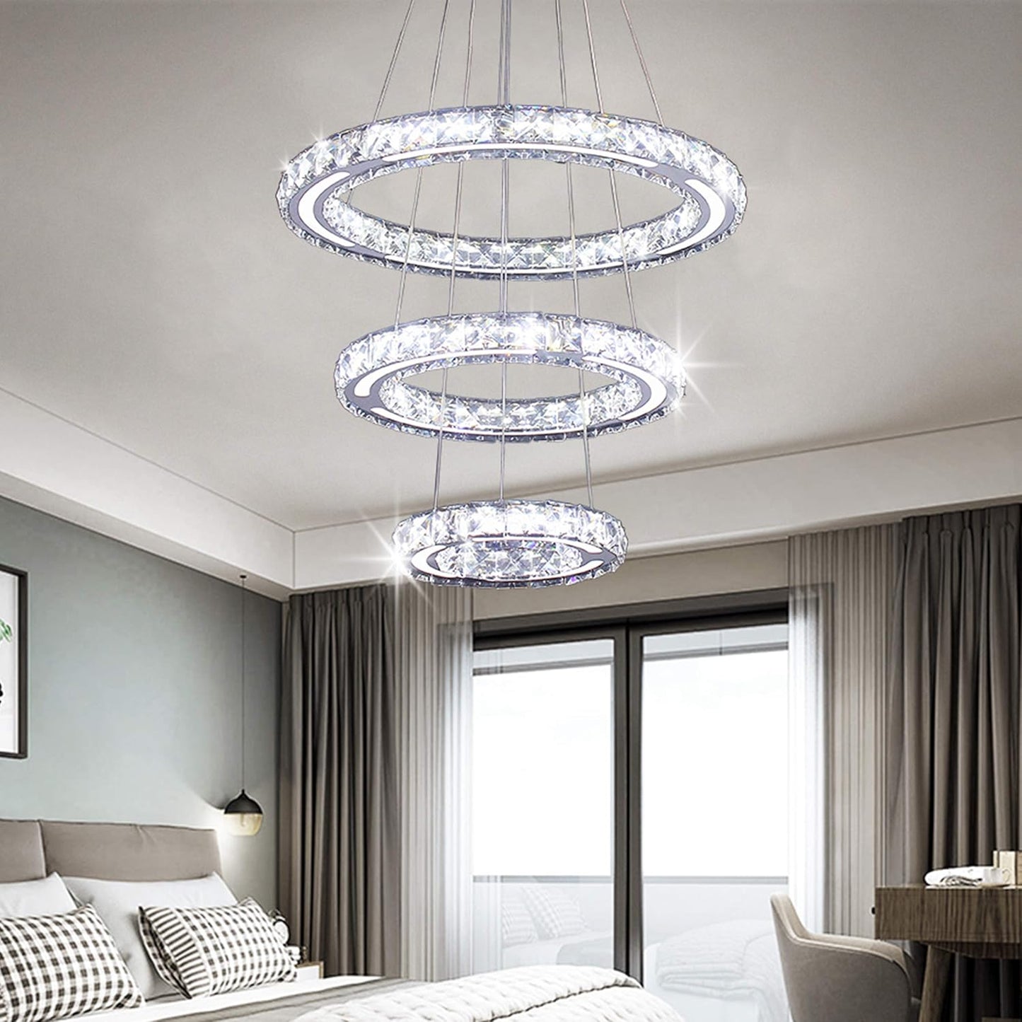 LED Chandeliers Modern Ceiling Light Fixture 3 Rings Adjustable Crystal Chandelier Light Fixture Ceiling Hanging Pendant Light for Living Room Dining Bedrooms Hall