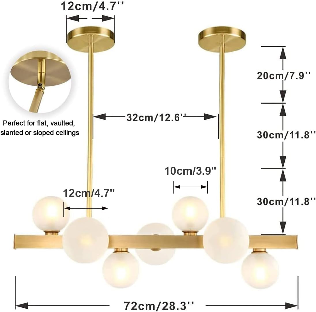 Modern Gold Chandelier 7-Lights Frosted Glass Globe Pendant Light Kitchen Island Linear Hanging Lighting Fixtures for Living Room Bedroom Dining Room Corridor