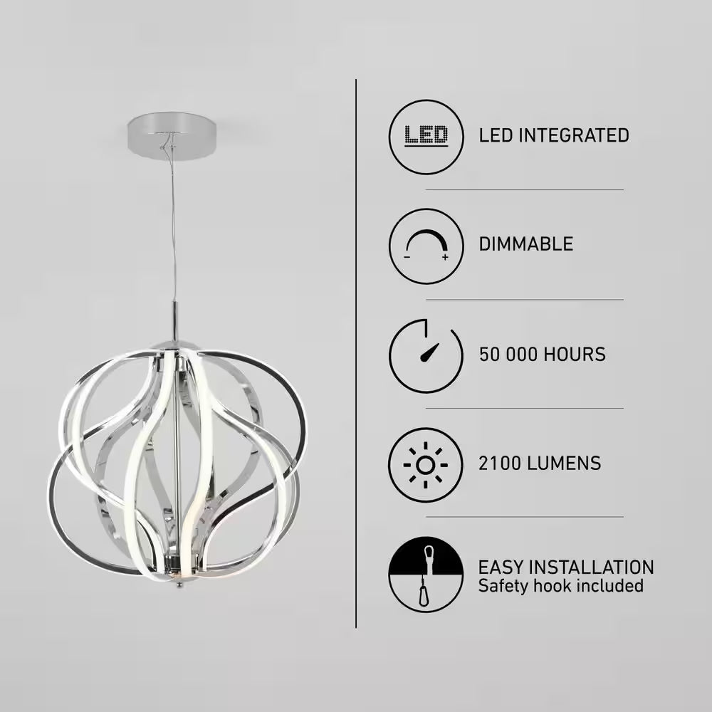 Meridian 30-Watt 1 Light Chrome Modern Integrated LED Pendant Light Fixture for Dining Room or Kitchen