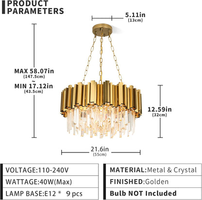 Modern Chandeliers Crystal with Light Gold Crystal Chandelier Hanging Ceiling Light Fixture 9 Lights Chandelier Modern Crystal round Pendant Light Fixture Dining Room Living Room Bedroom W22In