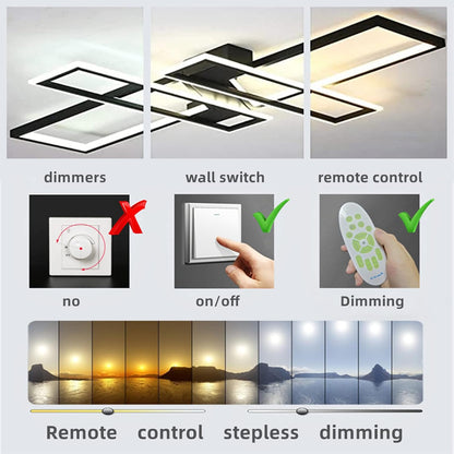 Modern LED Ceiling Lights Fixture, Black Dimmable Chandelier, Rectangular, with Remote Control Diningroom Lamp, Flush Mount Geometric LED Ceiling Lamps for Bedroom Living Room (35.4In)