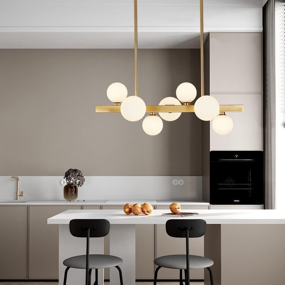 Modern Gold Chandelier 7-Lights Frosted Glass Globe Pendant Light Kitchen Island Linear Hanging Lighting Fixtures for Living Room Bedroom Dining Room Corridor