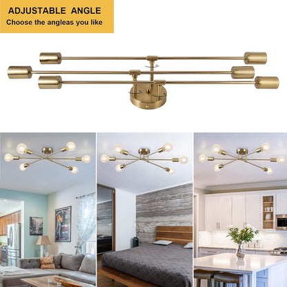 Semi Flush Mount Ceiling Light, 6-Light Brass Modern Sputnik Chandeliers with E26 Base, Mid Century Industrial Vintage Farmhouse Kitchen Light Fixtures for Living Room Dining Room Bedroom