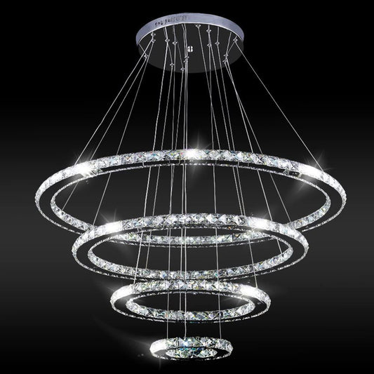 Crystal Chandeliers Modern LED Ceiling Lights Fixtures Pendant Lighting Dining Room Chandelier Contemporary Adjustable Stainless Steel Cable 4 Rings DIY Design D31.5+23.6"+15.7"+7.8"