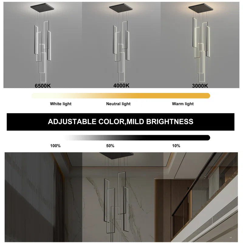 Keysha 6 - Light Unique Rectangle LED Dimmable Pendant Long Staircase Chandelier