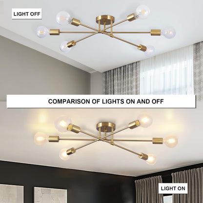 Semi Flush Mount Ceiling Light, 6-Light Brass Modern Sputnik Chandeliers with E26 Base, Mid Century Industrial Vintage Farmhouse Kitchen Light Fixtures for Living Room Dining Room Bedroom