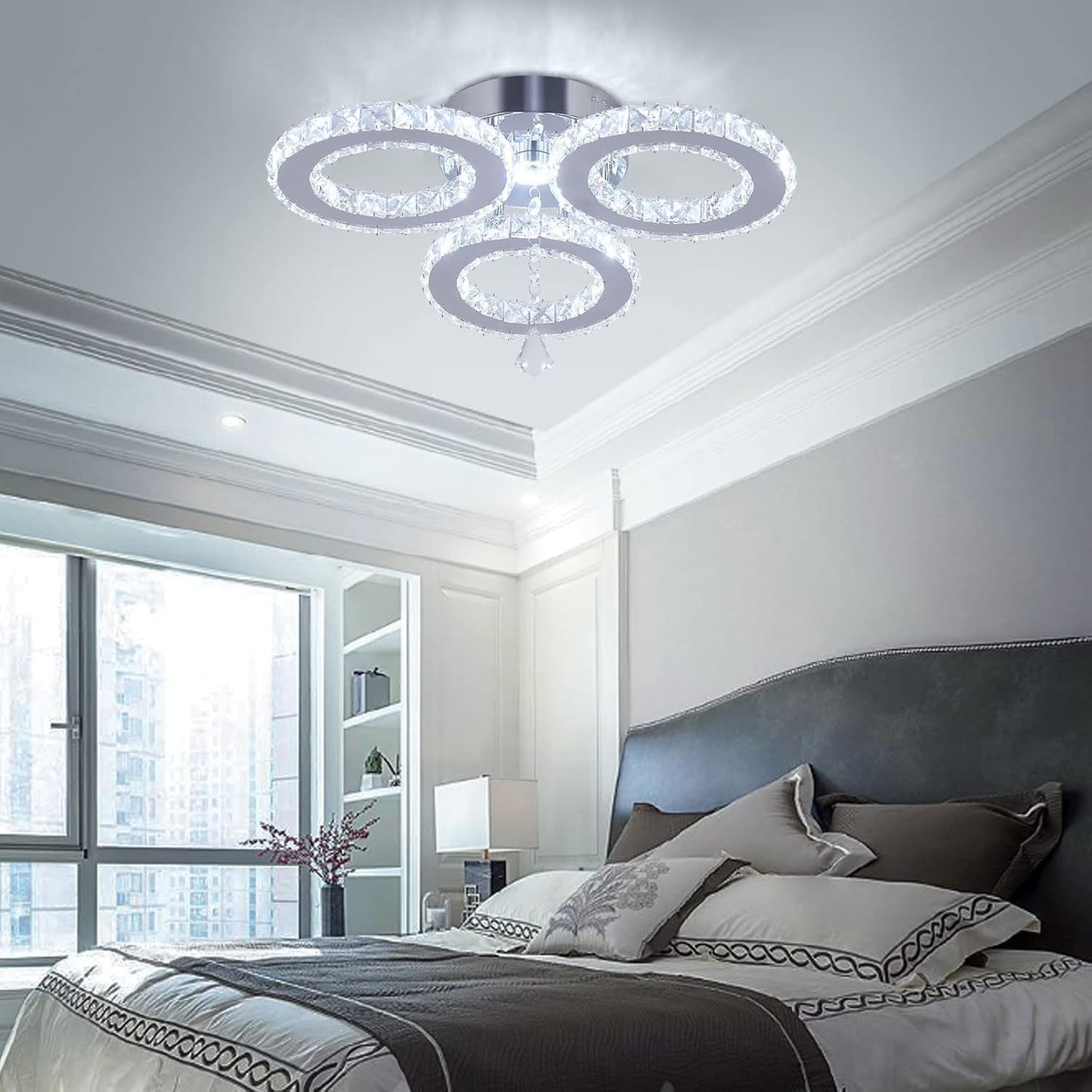 LED Crystal Ceiling Light 13X3.5 Inches 3 Rings Crystal Chandelier Flush Mount Lighting Fixture for Bedroom Hobby Living Room (Cool White)