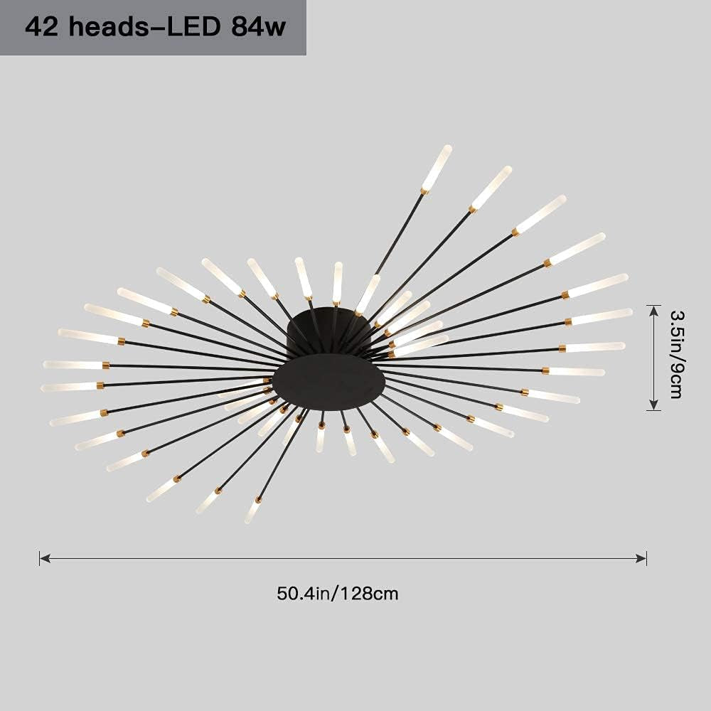 Modern Flower-Shaped Ceiling Light Fixture for Living and Dining Rooms - Flush Mount Metal and Acrylic Sputnik Design with 42 LED Lights in Matte Black