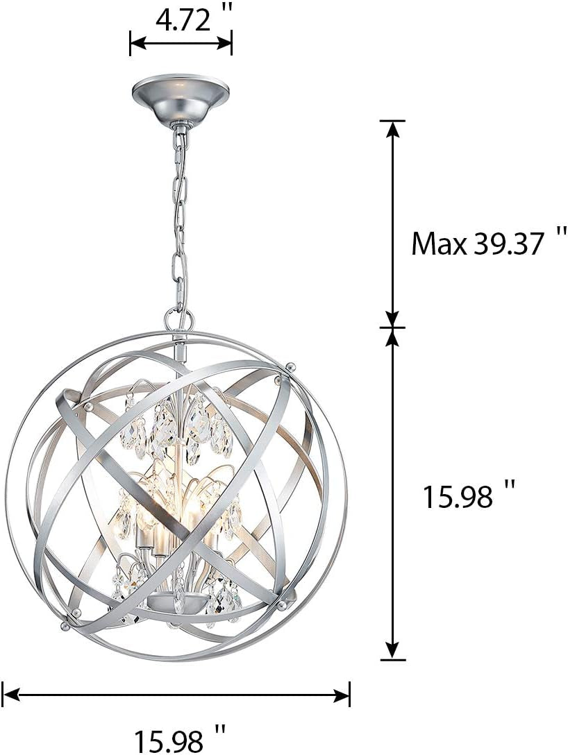 Modern Globe Crystal Chandeliers 4-Light Chandelier Lighting Metal Adjustable Hanging Light Fixture for Dining Living Room Foyer Bedroom, Silver