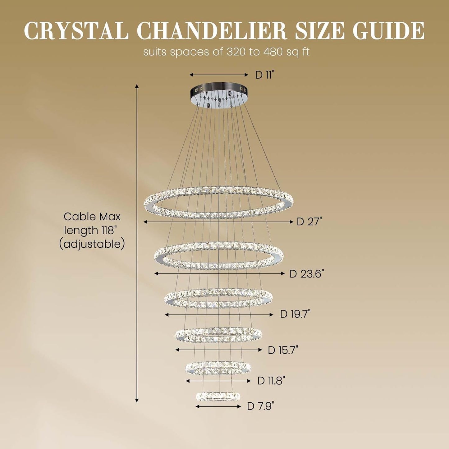 Modern Crystal Chandelier Lighting, 6 Ring Chandelier LED Ceiling Lights Fixtures with 3-Color, High Ceiling Foyer Chandelier for Living Room Dining Room Staircase, D8-12-16"-20"-24"-28"