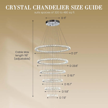 Modern Crystal Chandelier Lighting, 6 Ring Chandelier LED Ceiling Lights Fixtures with 3-Color, High Ceiling Foyer Chandelier for Living Room Dining Room Staircase, D8-12-16"-20"-24"-28"