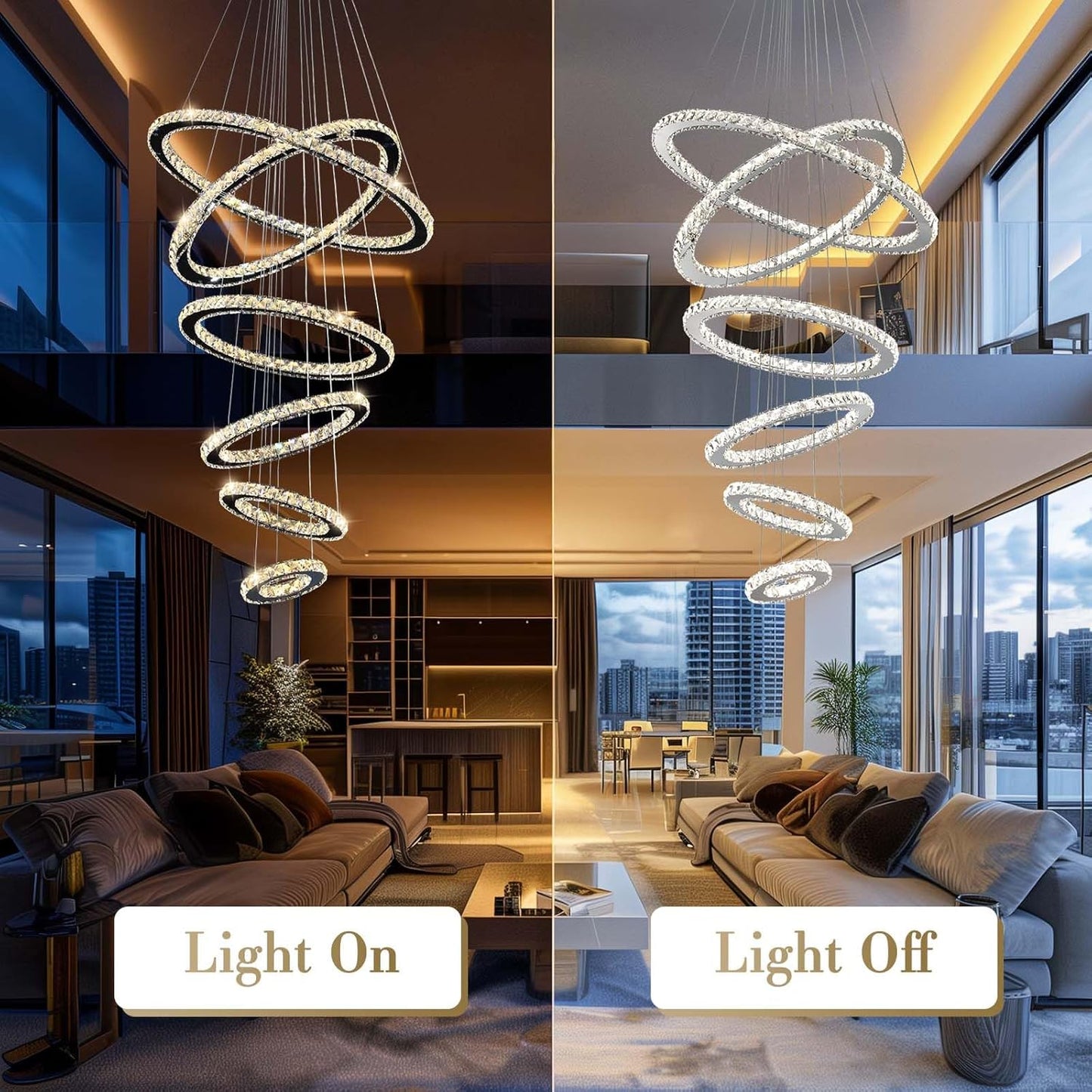 Modern Crystal Chandelier Lighting, 6 Ring Chandelier LED Ceiling Lights Fixtures with 3-Color, High Ceiling Foyer Chandelier for Living Room Dining Room Staircase, D8-12-16"-20"-24"-28"