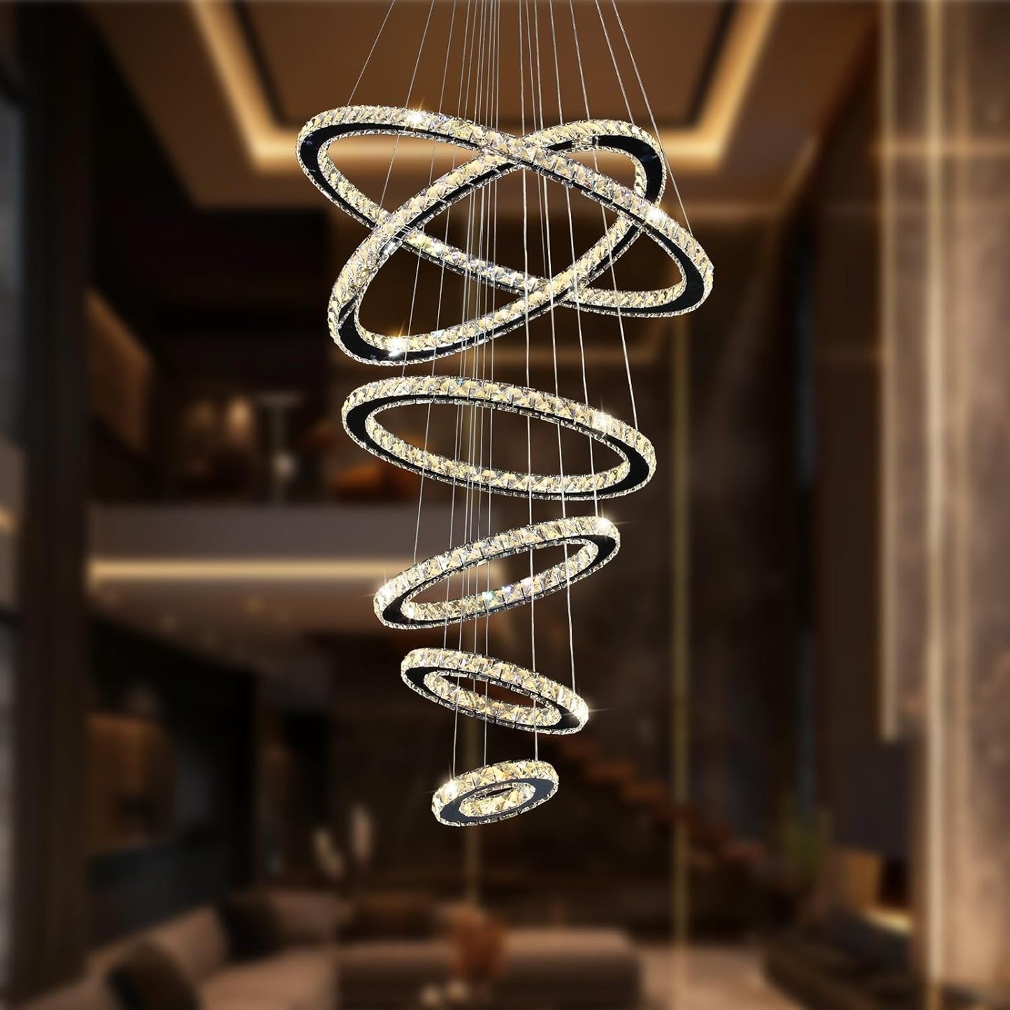 Modern Crystal Chandelier Lighting, 6 Ring Chandelier LED Ceiling Lights Fixtures with 3-Color, High Ceiling Foyer Chandelier for Living Room Dining Room Staircase, D8-12-16"-20"-24"-28"