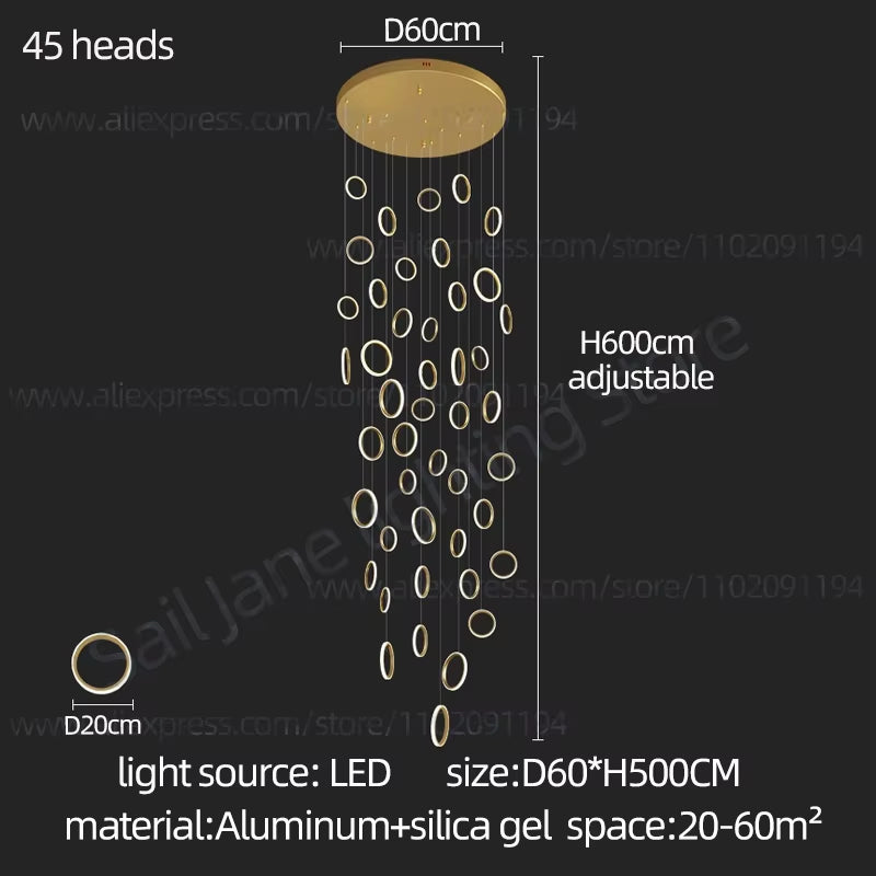 2024 Modern LED Chandelier Household Lighting Circular Ring Ceiling Chandelier Suspension Lamp Villa Nordic Staircase Chandelier