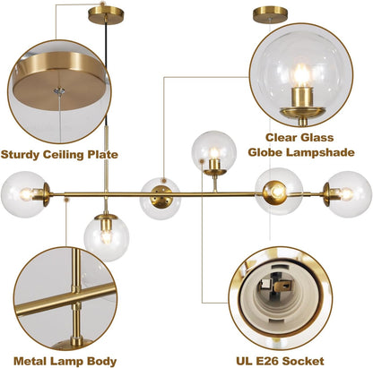 Lighting 6 Light Bubble Chandelier Lighting Clear Glass Globe Chandelier Brass Gold Linear Chandelier Mid Century Modern Pendant Light for Living Room Kitchen Island Dining Room