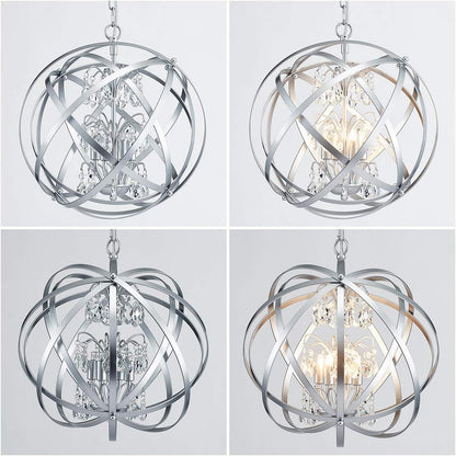 Modern Globe Crystal Chandeliers 4-Light Chandelier Lighting Metal Adjustable Hanging Light Fixture for Dining Living Room Foyer Bedroom, Silver