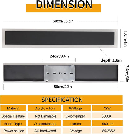 Outdoor Wall Light 3000K-6000K Modern Outdoor Lights 12W Black Exterior Light Fixture 23.6In Acrylic Outdoor Sconce Lights IP65 for Porch Patio Garage Garden