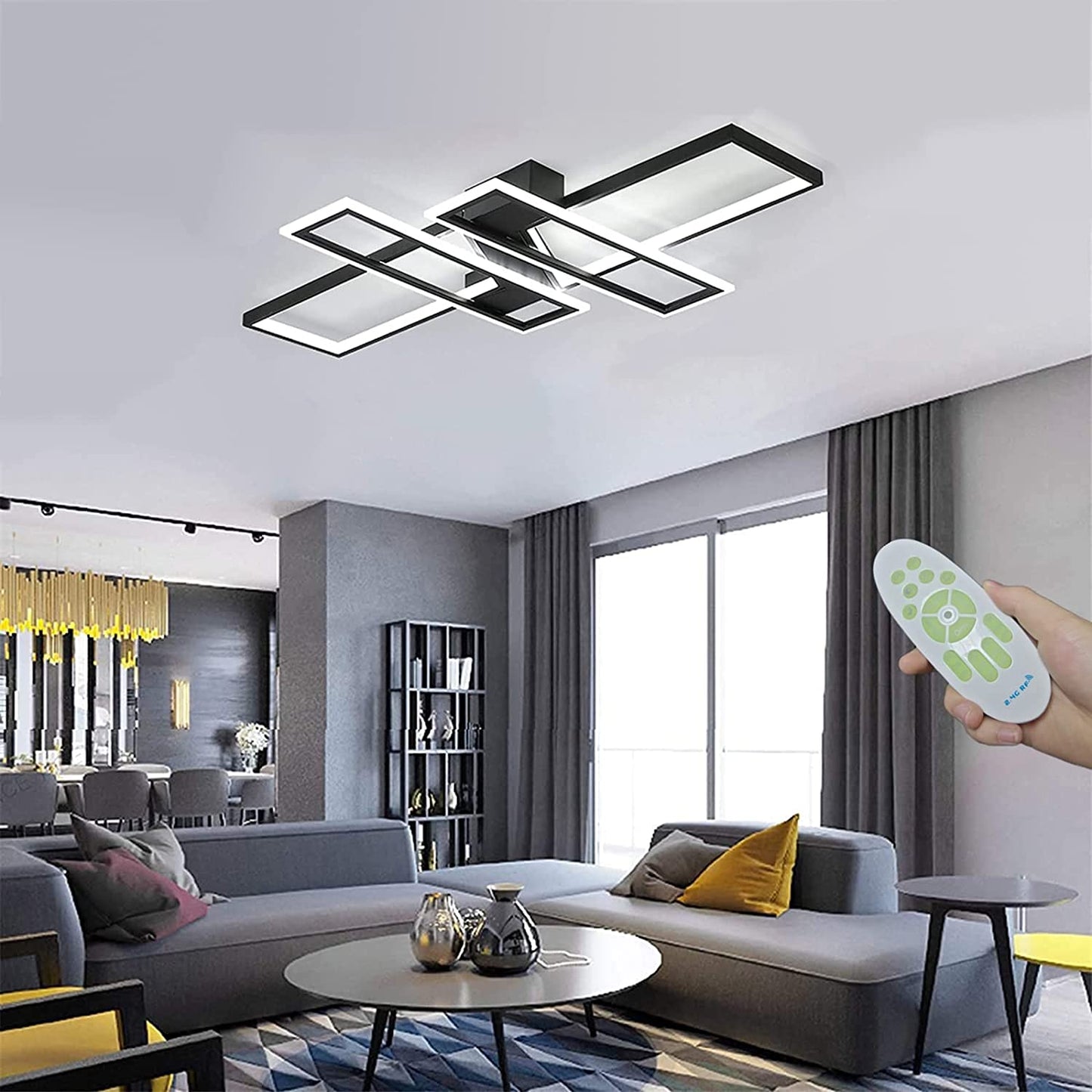 Modern LED Ceiling Lights Fixture, Black Dimmable Chandelier, Rectangular, with Remote Control Diningroom Lamp, Flush Mount Geometric LED Ceiling Lamps for Bedroom Living Room (35.4In)