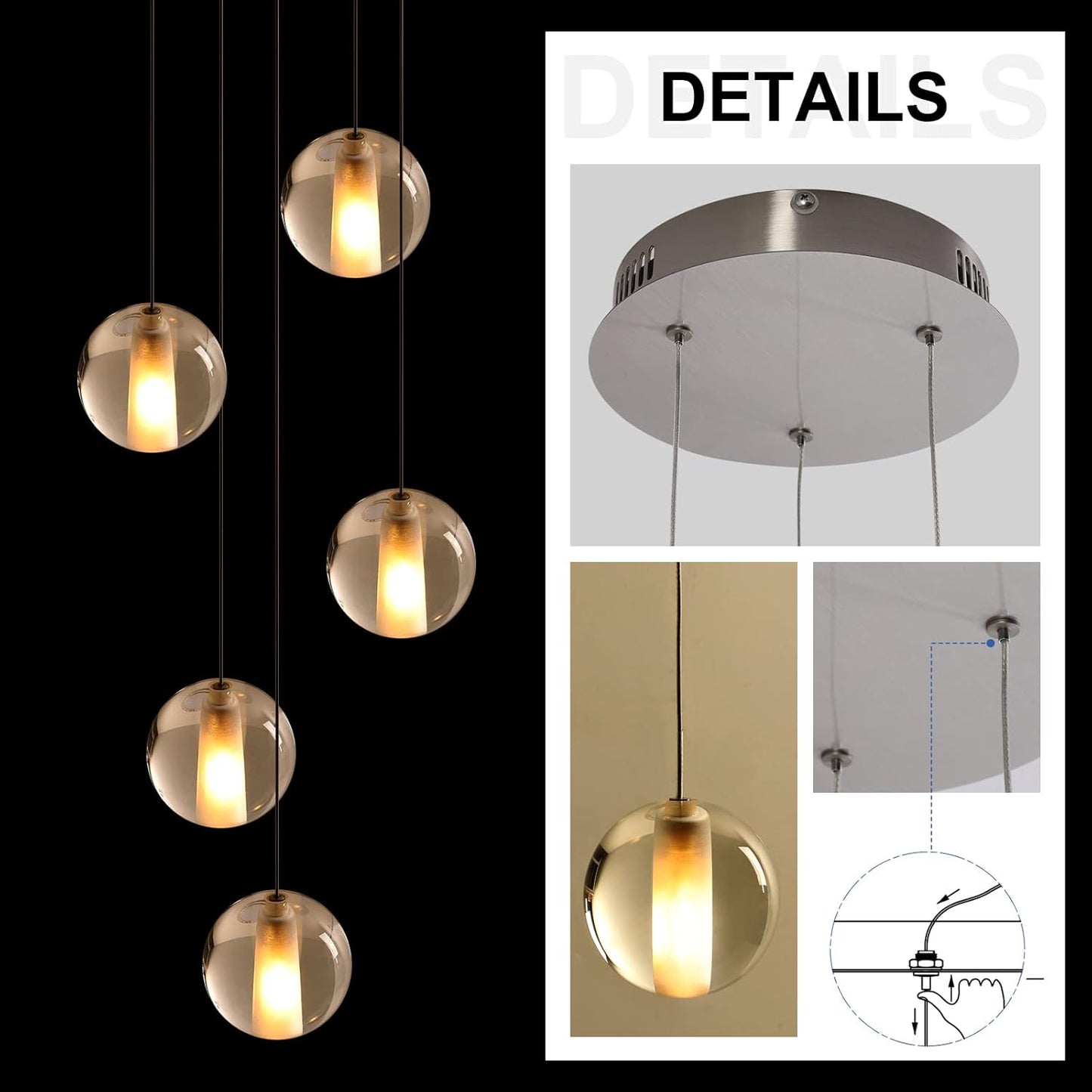 Modern 5-Lights Crystal LED Chandelier Raindrop Shape High Ceiling Pendant Light Crystal Ball Hanging Lighting for Living Room Staircase Entryway Dining Room, Nickel Canopy H59" Including Bulbs