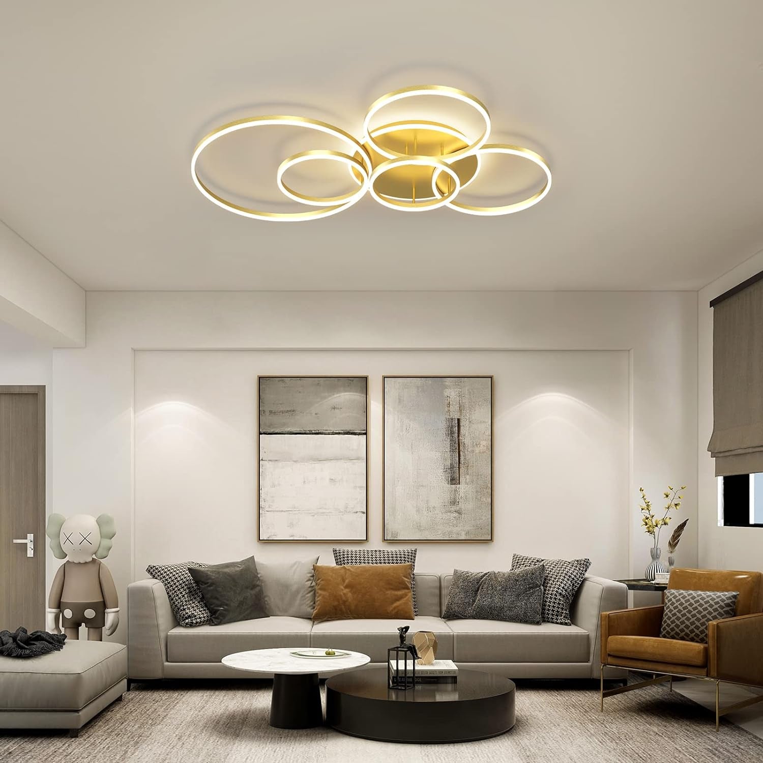 Modern LED Ceiling Light 106W Dimmable LED Acrylic Ceiling Lamp with Remote Control 6 Rings Flush Mount Ceiling Light Gold Ceiling Chandelier for Living Room Dining Room Bedroom Kitchen (5+1G01)