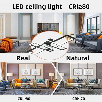 Modern LED Ceiling Lights Fixture, Black Dimmable Chandelier, Rectangular, with Remote Control Diningroom Lamp, Flush Mount Geometric LED Ceiling Lamps for Bedroom Living Room (35.4In)