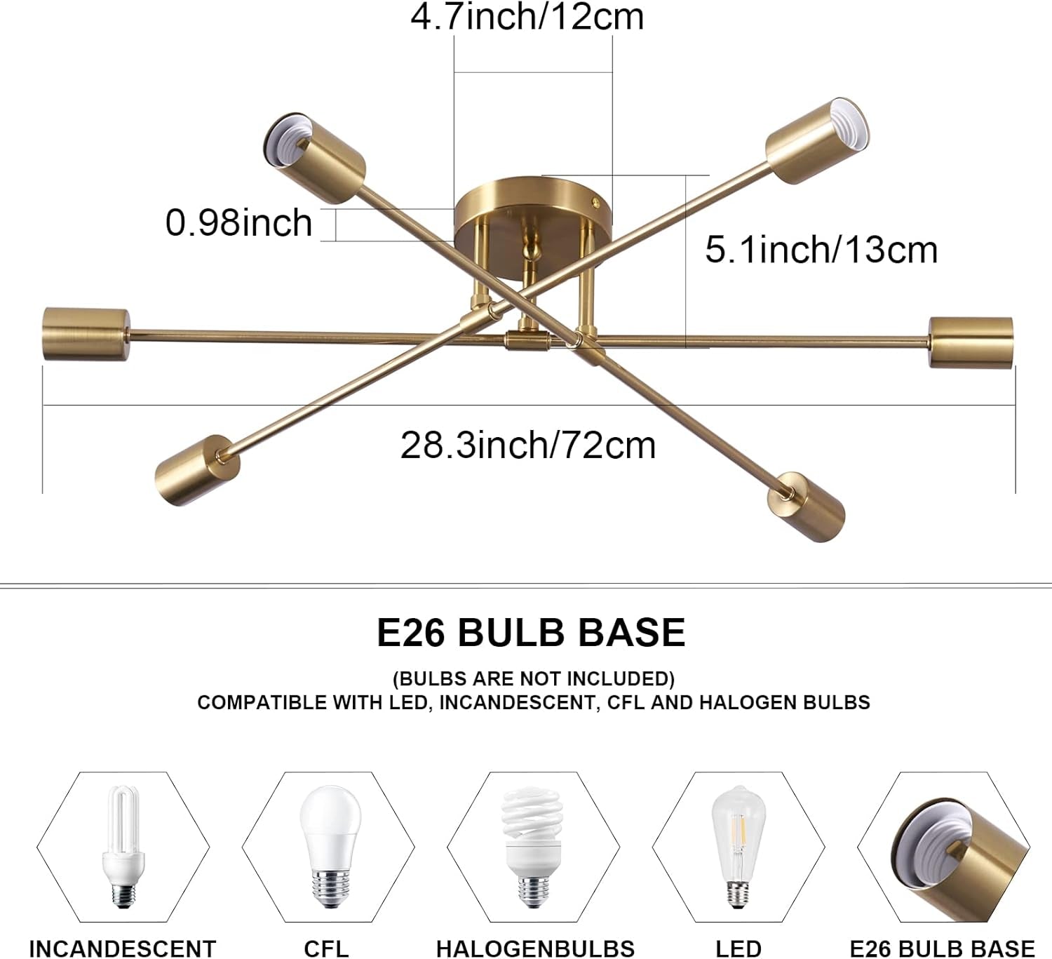 Semi Flush Mount Ceiling Light, 6-Light Brass Modern Sputnik Chandeliers with E26 Base, Mid Century Industrial Vintage Farmhouse Kitchen Light Fixtures for Living Room Dining Room Bedroom