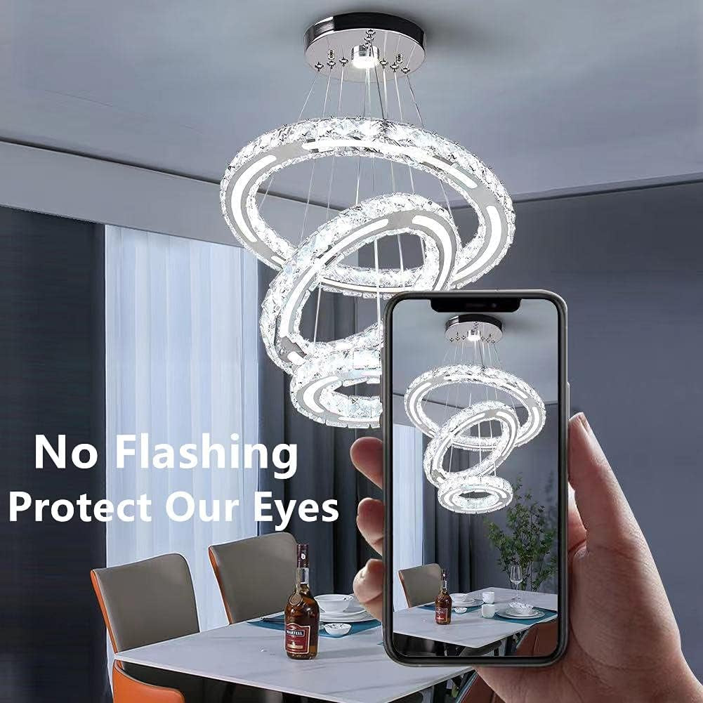 LED Chandeliers Modern Ceiling Light Fixture 3 Rings Adjustable Crystal Chandelier Light Fixture Ceiling Hanging Pendant Light for Living Room Dining Bedrooms Hall