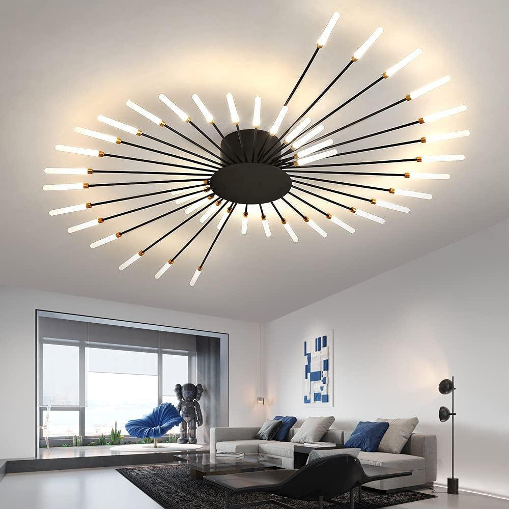 Modern Flower-Shaped Ceiling Light Fixture for Living and Dining Rooms - Flush Mount Metal and Acrylic Sputnik Design with 42 LED Lights in Matte Black