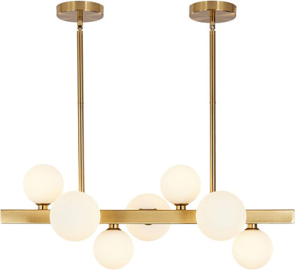 Modern Gold Chandelier 7-Lights Frosted Glass Globe Pendant Light Kitchen Island Linear Hanging Lighting Fixtures for Living Room Bedroom Dining Room Corridor