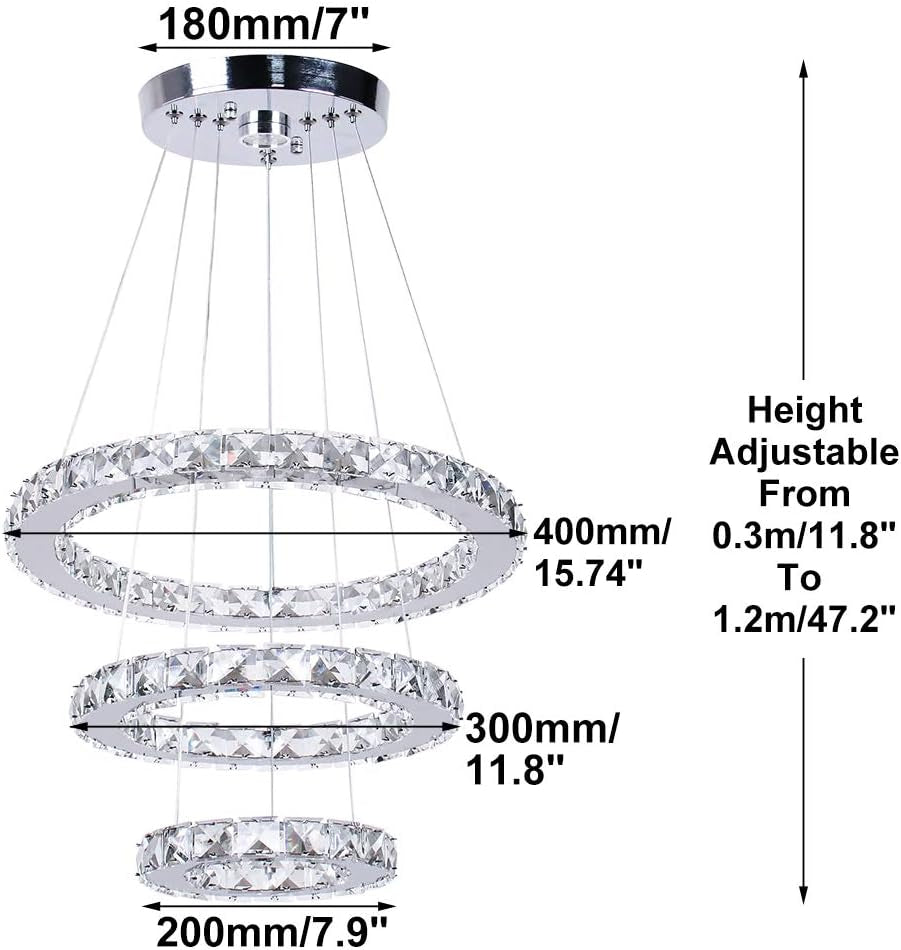 LED Chandeliers Modern Ceiling Light Fixture 3 Rings Adjustable Stainless Steel Pendant Light Chandelier for Bedrooms Living Room (Cool White)