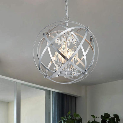 Modern Globe Crystal Chandeliers 4-Light Chandelier Lighting Metal Adjustable Hanging Light Fixture for Dining Living Room Foyer Bedroom, Silver