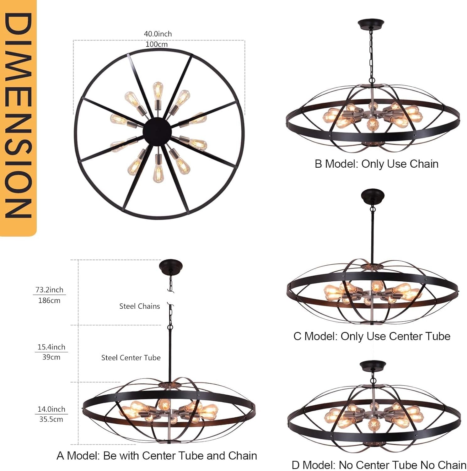 Farmhouse Chandeliers for Dining Room,40" Large Chandeliers for High Ceilings,Black & Nickel Unique Pendant Lights for Living Room,10 Lights