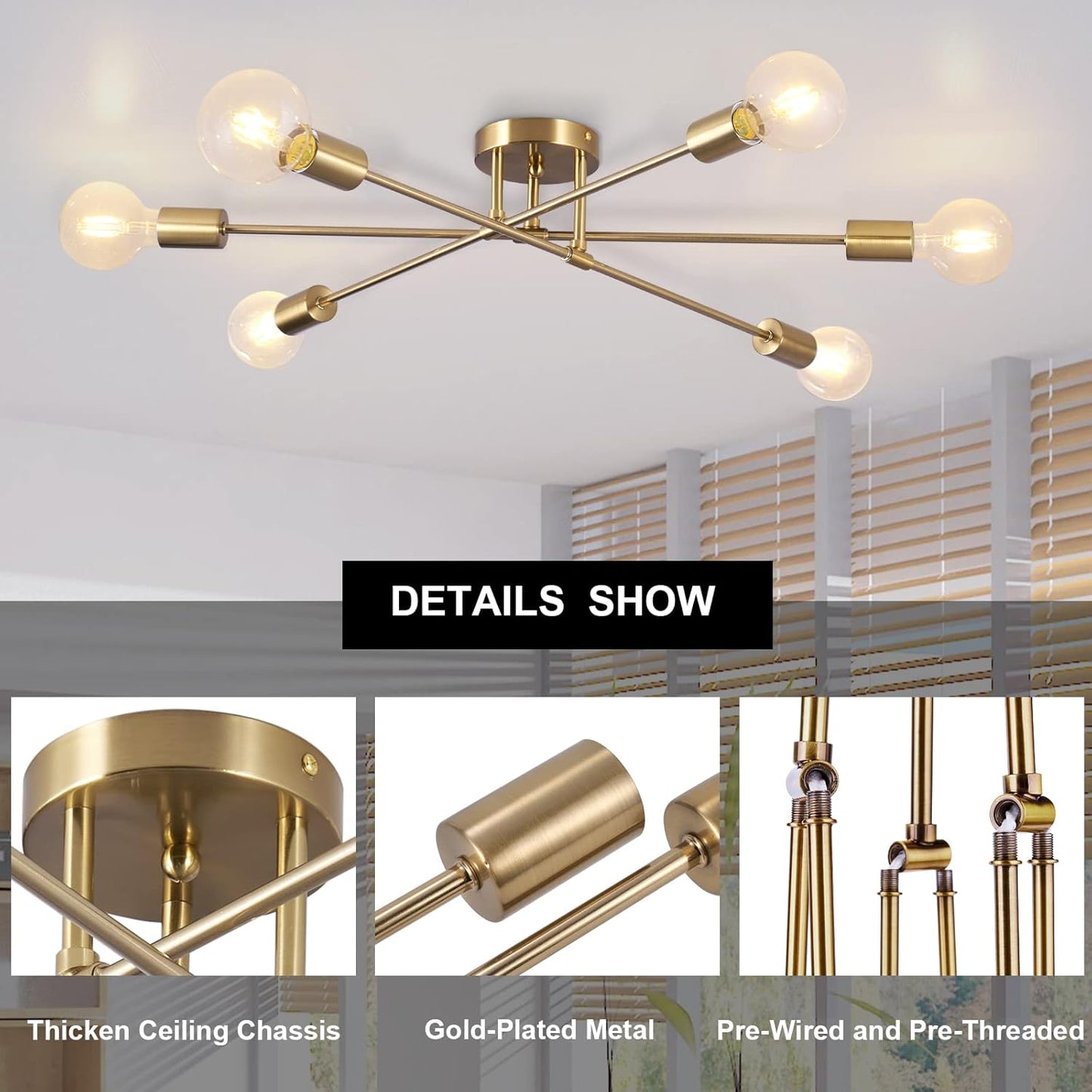 Semi Flush Mount Ceiling Light, 6-Light Brass Modern Sputnik Chandeliers with E26 Base, Mid Century Industrial Vintage Farmhouse Kitchen Light Fixtures for Living Room Dining Room Bedroom