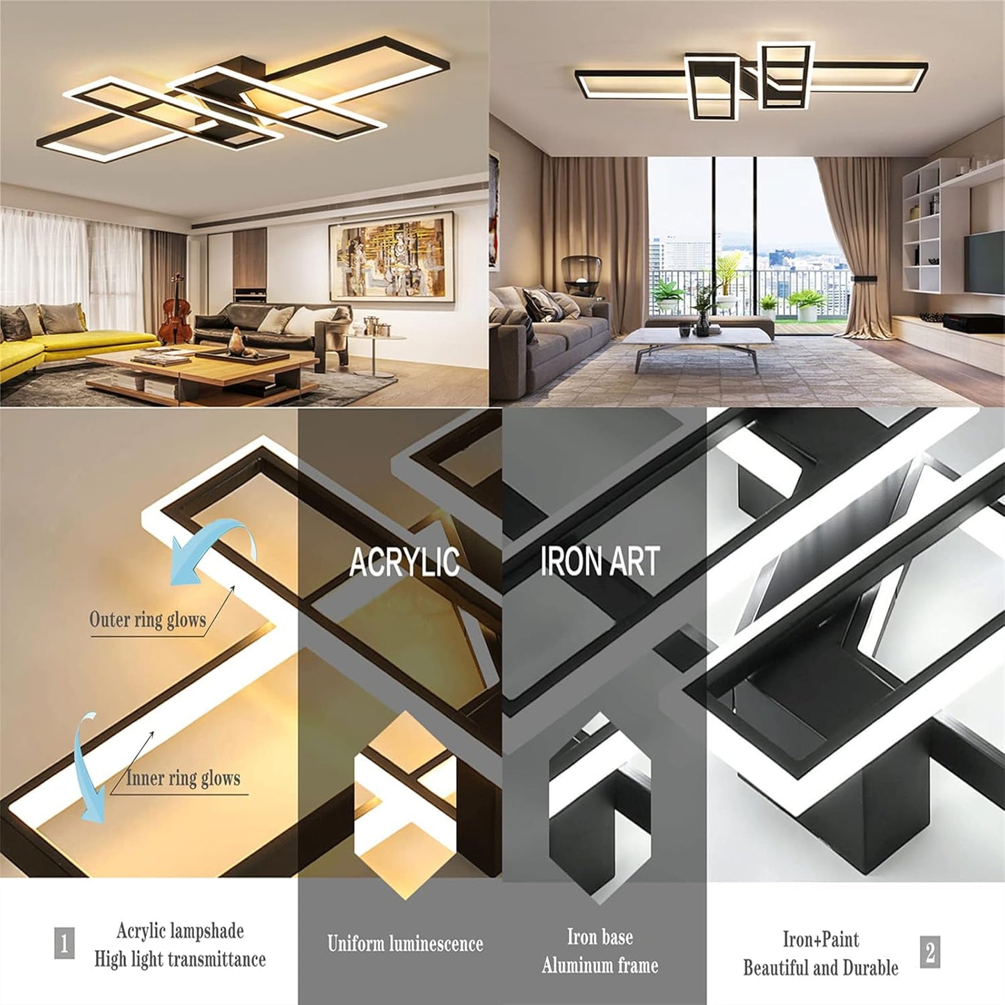 Modern LED Ceiling Lights Fixture, Black Dimmable Chandelier, Rectangular, with Remote Control Diningroom Lamp, Flush Mount Geometric LED Ceiling Lamps for Bedroom Living Room (35.4In)