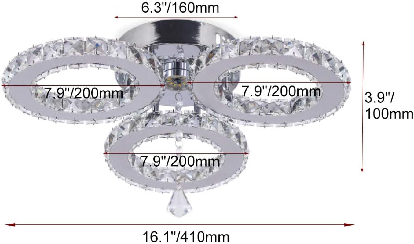 LED Crystal Ceiling Light 13X3.5 Inches 3 Rings Crystal Chandelier Flush Mount Lighting Fixture for Bedroom Hobby Living Room (Cool White)