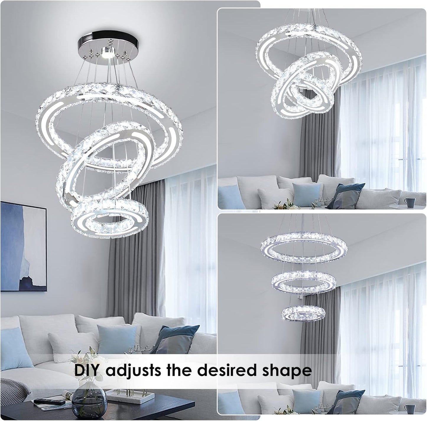 LED Chandeliers Modern Ceiling Light Fixture 3 Rings Adjustable Crystal Chandelier Light Fixture Ceiling Hanging Pendant Light for Living Room Dining Bedrooms Hall