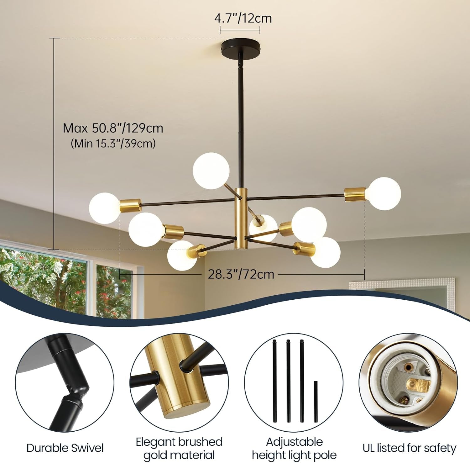 Modern Sputnik Chandeliers Black and Gold Mid Century Chandelier 8-Light Dining Room Light Fixture Height Adjustable Ceiling Lights Farmhouse Chandeliers for Kitchen Island Living Room