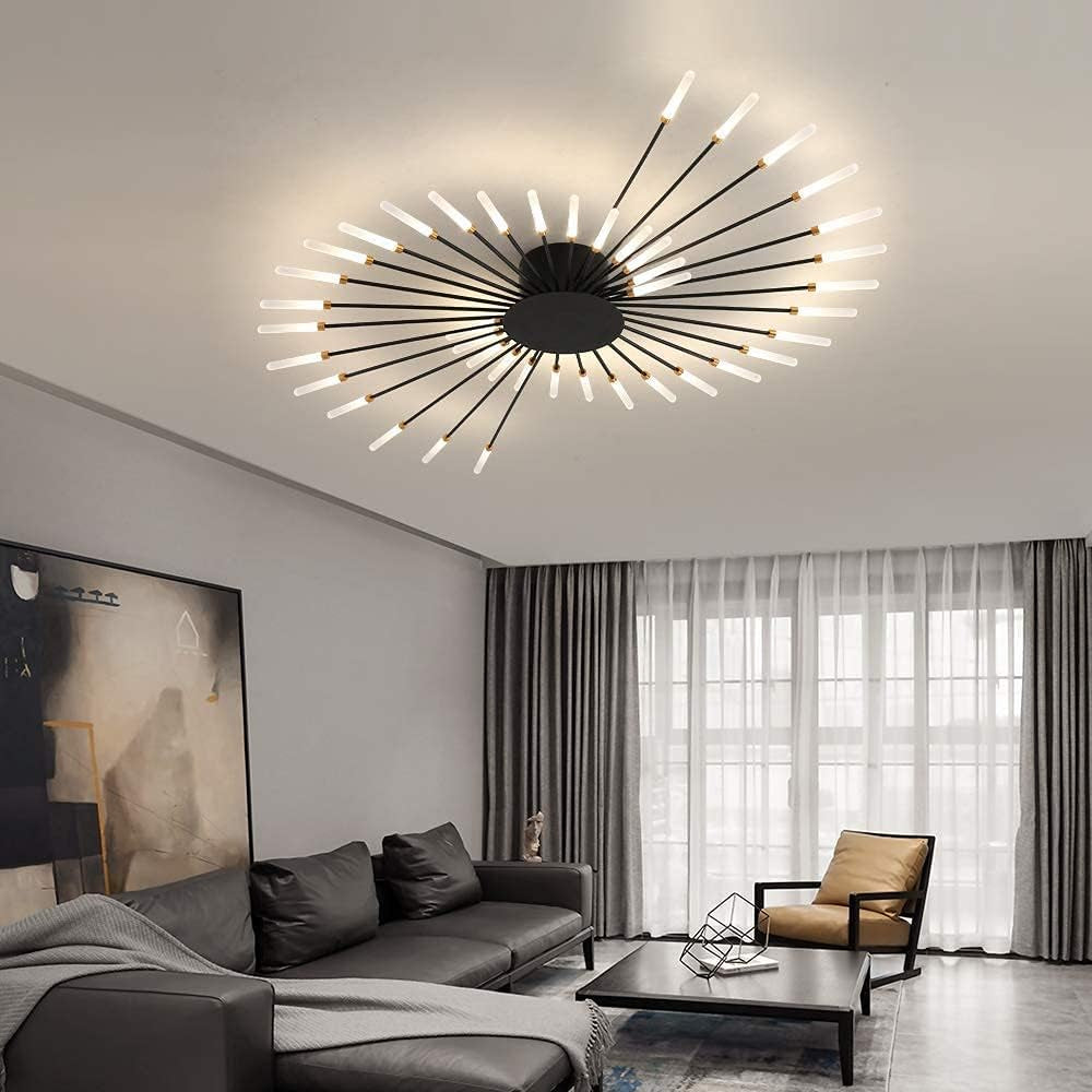 Modern Flower-Shaped Ceiling Light Fixture for Living and Dining Rooms - Flush Mount Metal and Acrylic Sputnik Design with 42 LED Lights in Matte Black