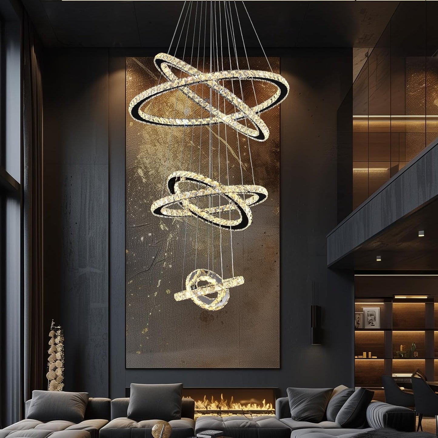 Modern Crystal Chandelier Lighting, 6 Ring Chandelier LED Ceiling Lights Fixtures with 3-Color, High Ceiling Foyer Chandelier for Living Room Dining Room Staircase, D8-12-16"-20"-24"-28"