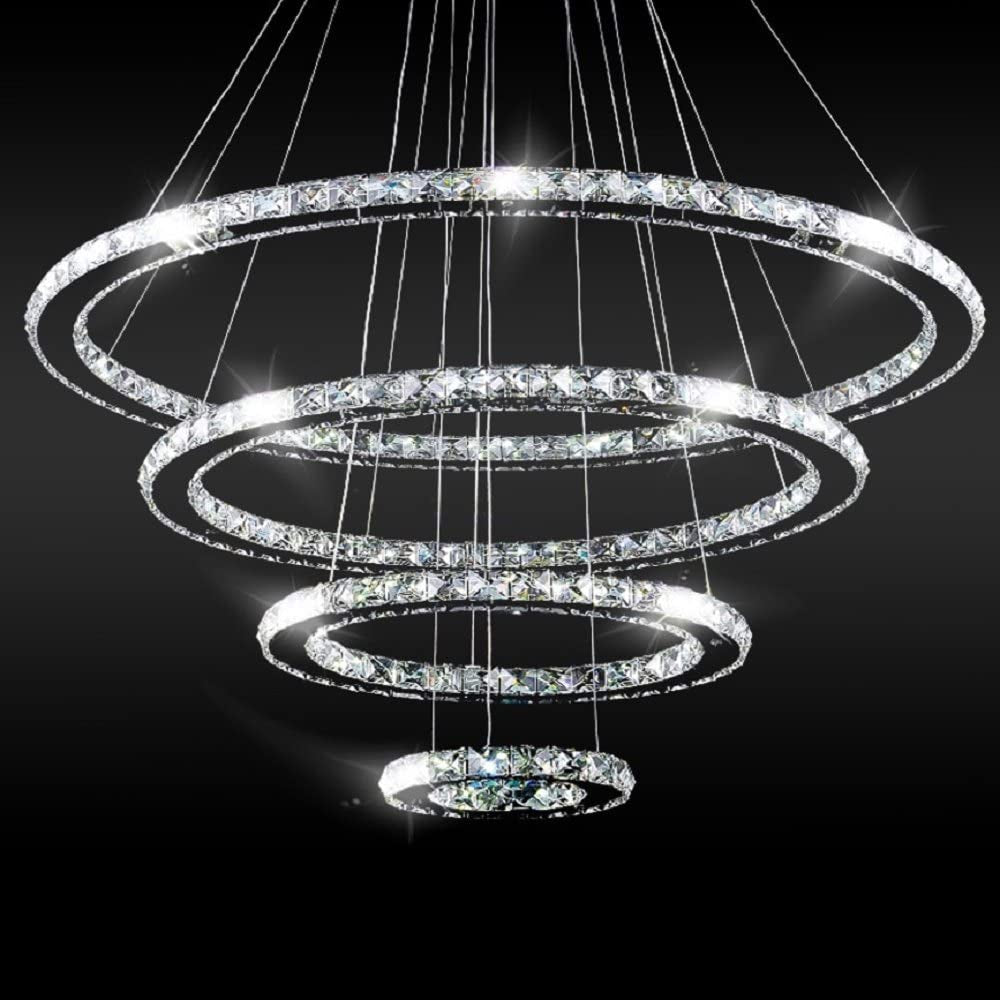 Crystal Chandeliers Modern LED Ceiling Lights Fixtures Pendant Lighting Dining Room Chandelier Contemporary Adjustable Stainless Steel Cable 4 Rings DIY Design D31.5+23.6"+15.7"+7.8"