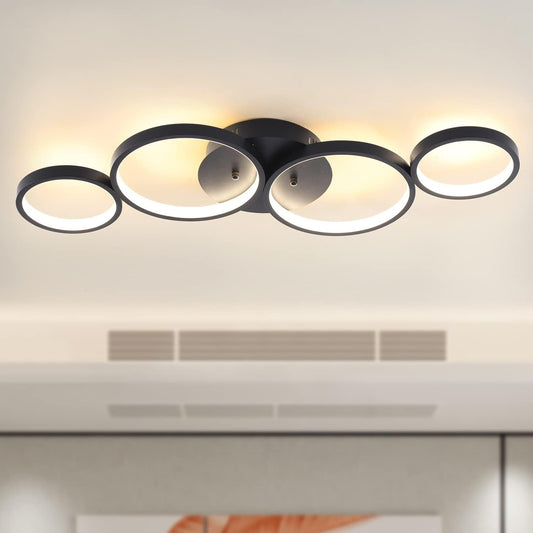 Modern LED Flush Mount Ceiling Light Fixture, 28.7 Inch Black 4-Ring Design for Living Room, Bedroom, and Dining Room, 48W 3840LM, 3 Color Options, Ideal for Rectangular Spaces