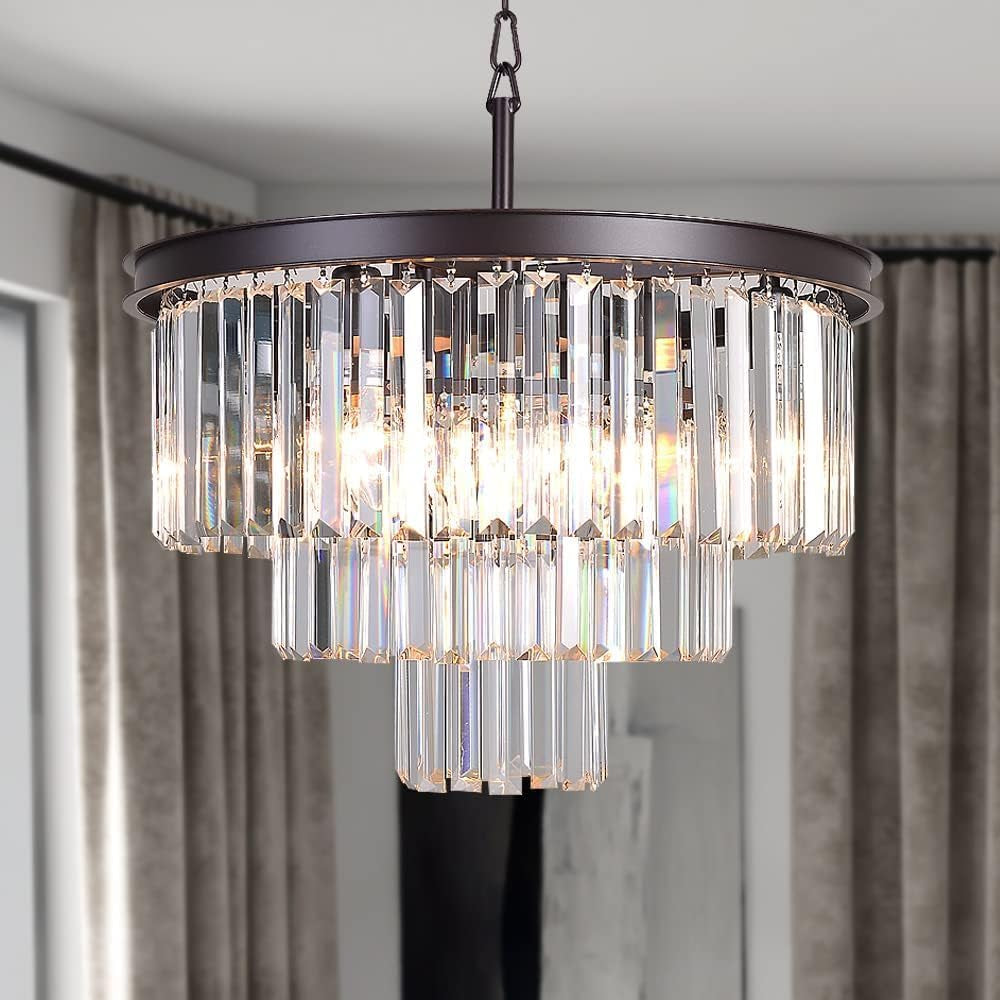 Bronze Modern Contemporary Crystal Chandeliers Lights Pendant Ceiling Chandelier Lighting Fixture 3-Tier for Dining Room Living Room