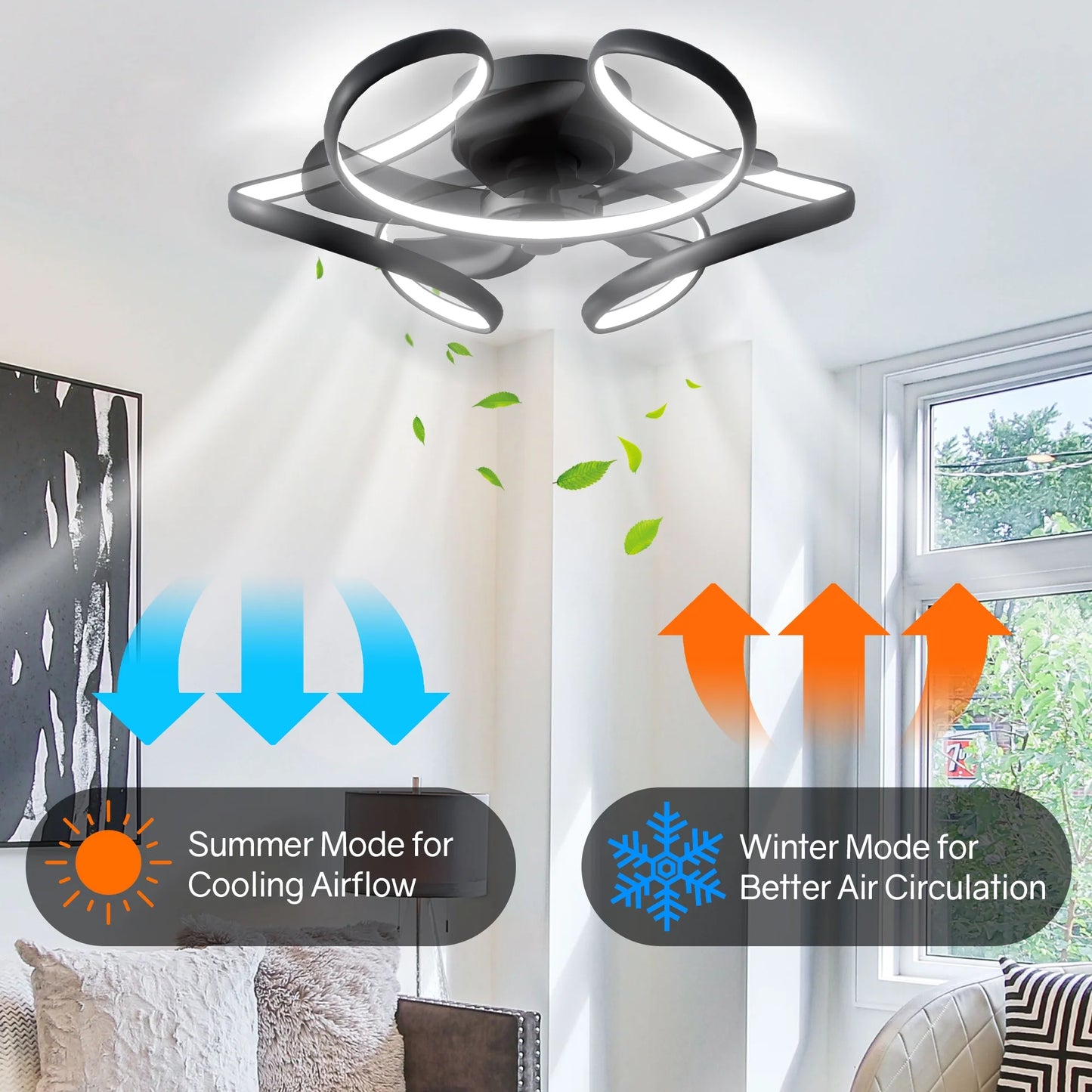 Ceiling Fan with Light Remote 6 Speeds 3 Colors Low Profile Modern Ceiling Fans Bladeless Flush Mount Ceiling Fan Geometric Reversible Dimmable for Living Room Bedroom Kitchen Black