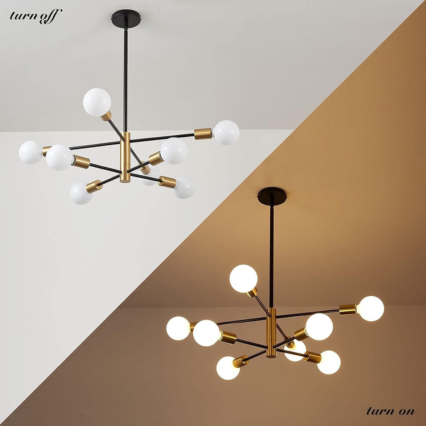 Modern Sputnik Chandeliers Black and Gold Mid Century Chandelier 8-Light Dining Room Light Fixture Height Adjustable Ceiling Lights Farmhouse Chandeliers for Kitchen Island Living Room