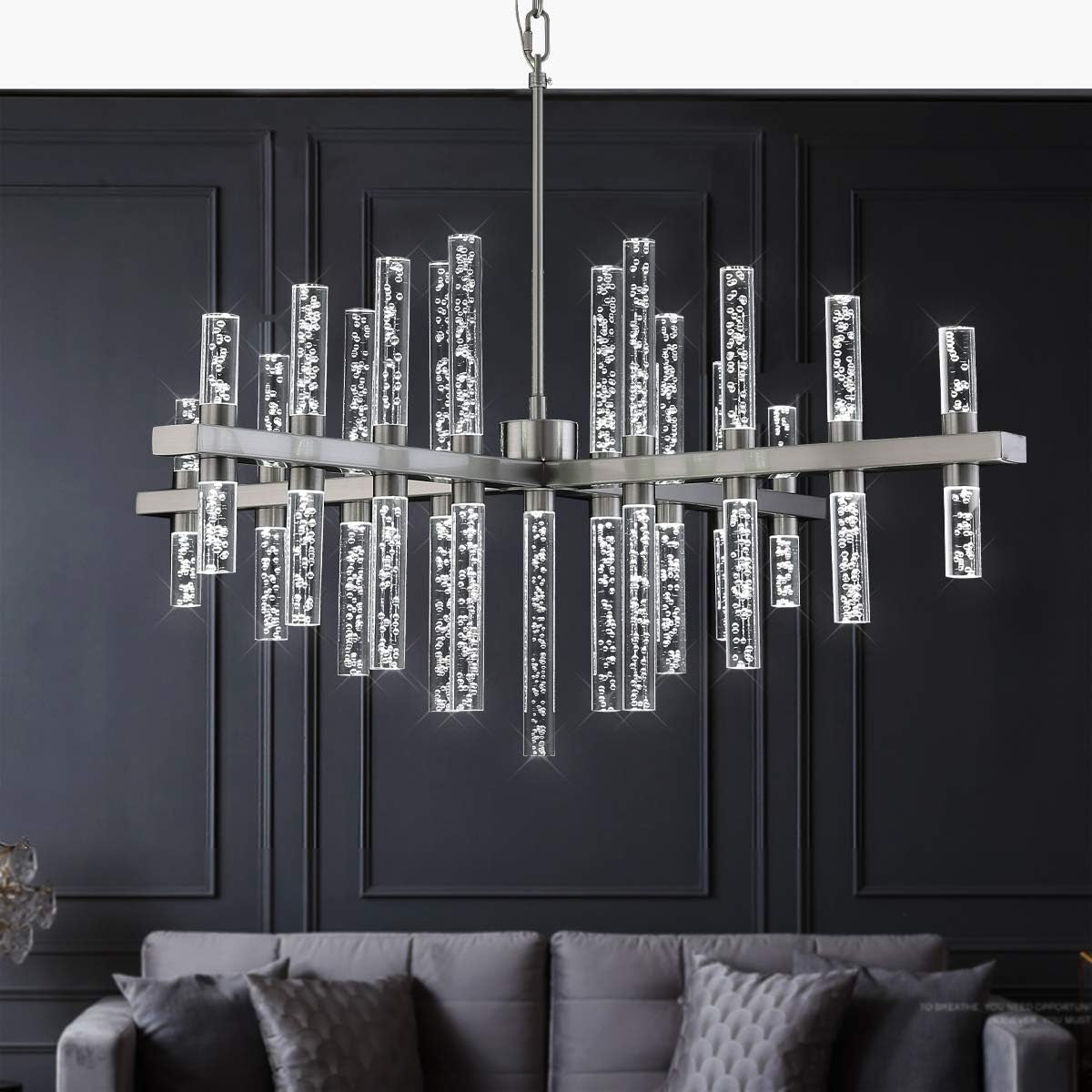 Modern Chandelier Lighting Led Pendant Lights Fixture with Acrylic Shade Satin Nickel Island Contemporary Chandeliers 33-Lihgts Ceiling Dining Room Living Dimmable Cool White D31.5