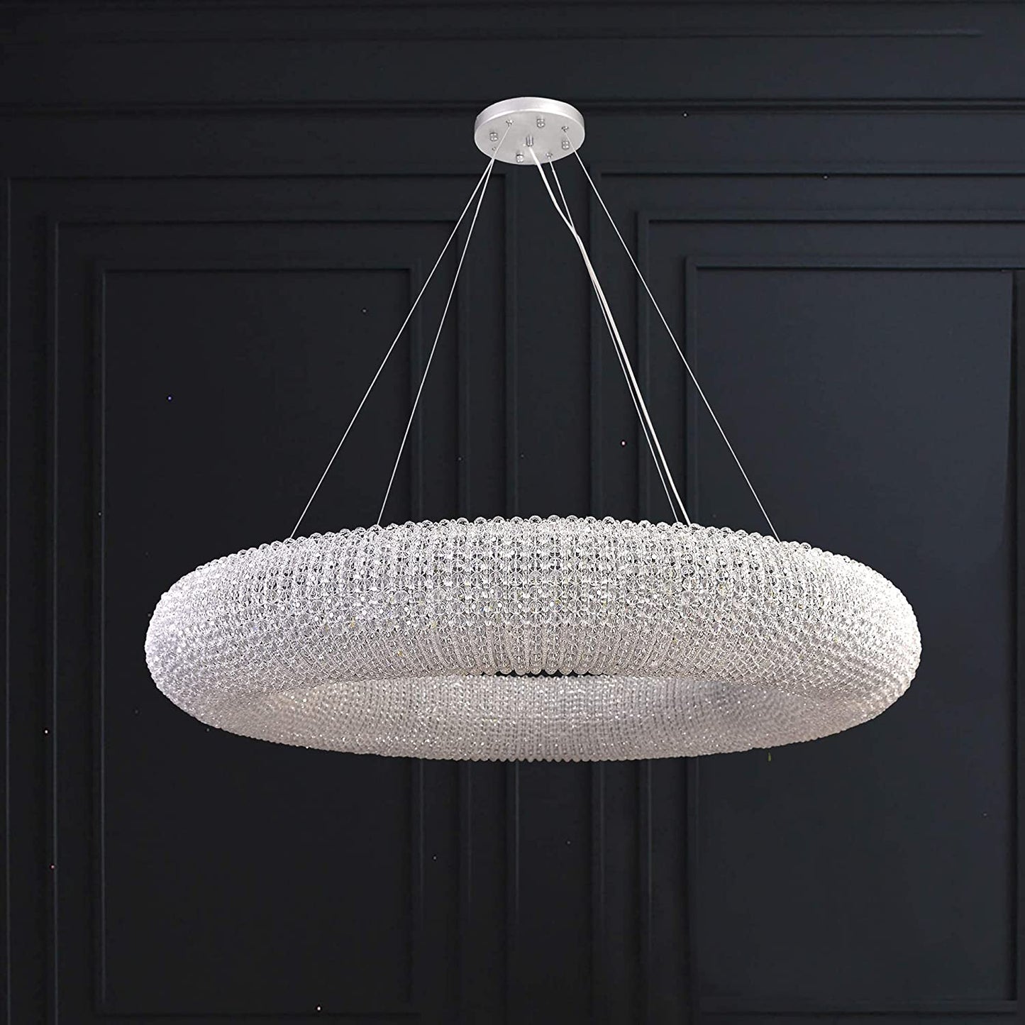 Crystal Chandeliers Modern Ceiling Lights Fixtures Pendant Lighting Orb Ring Chandelier Contemporary Adjustable Stainless Steel Cable for Living Room Dining Room Island D31.49”